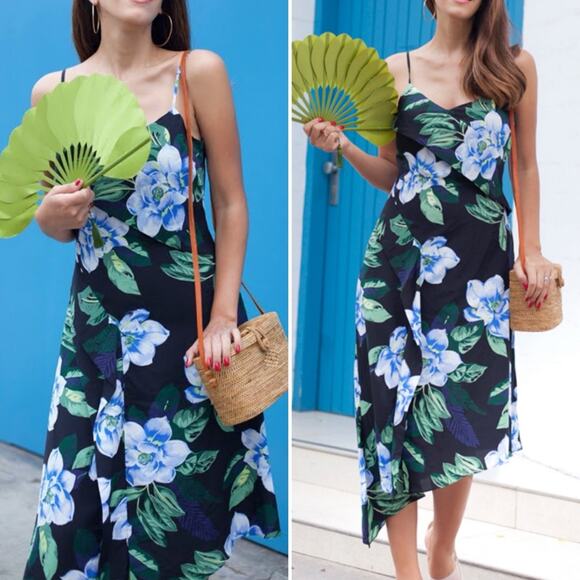 Banana Republic Dresses & Skirts - Banana Republic Black‎ Blue Floral Asymmetrical Faux Wrap Midi Dress Size 2